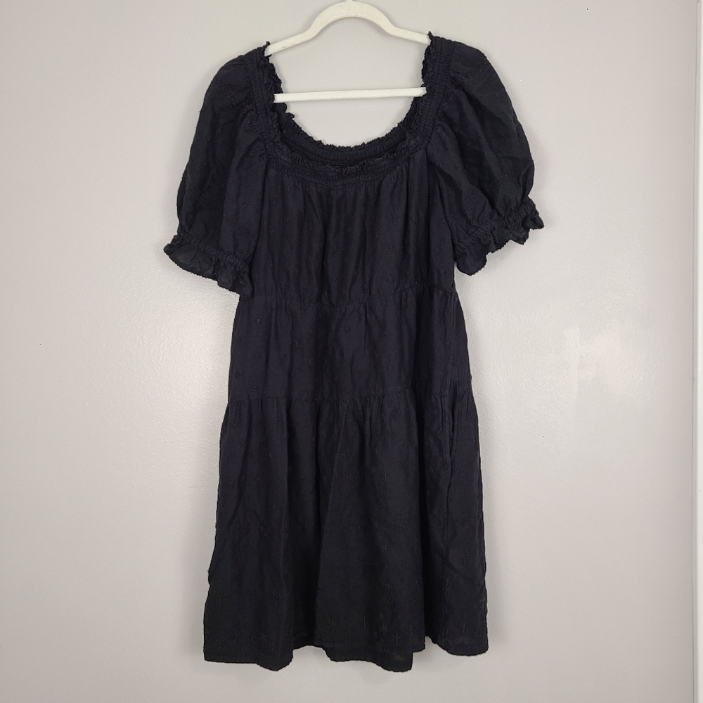 Old Navy Black Puff Sleeve Peasant Tiered Cotton Belnd Dress with Pockets XL